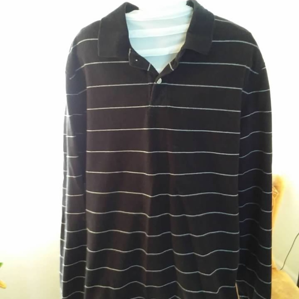 Mens Black Gray St. John's Bay Long Sleeve Polo Lg